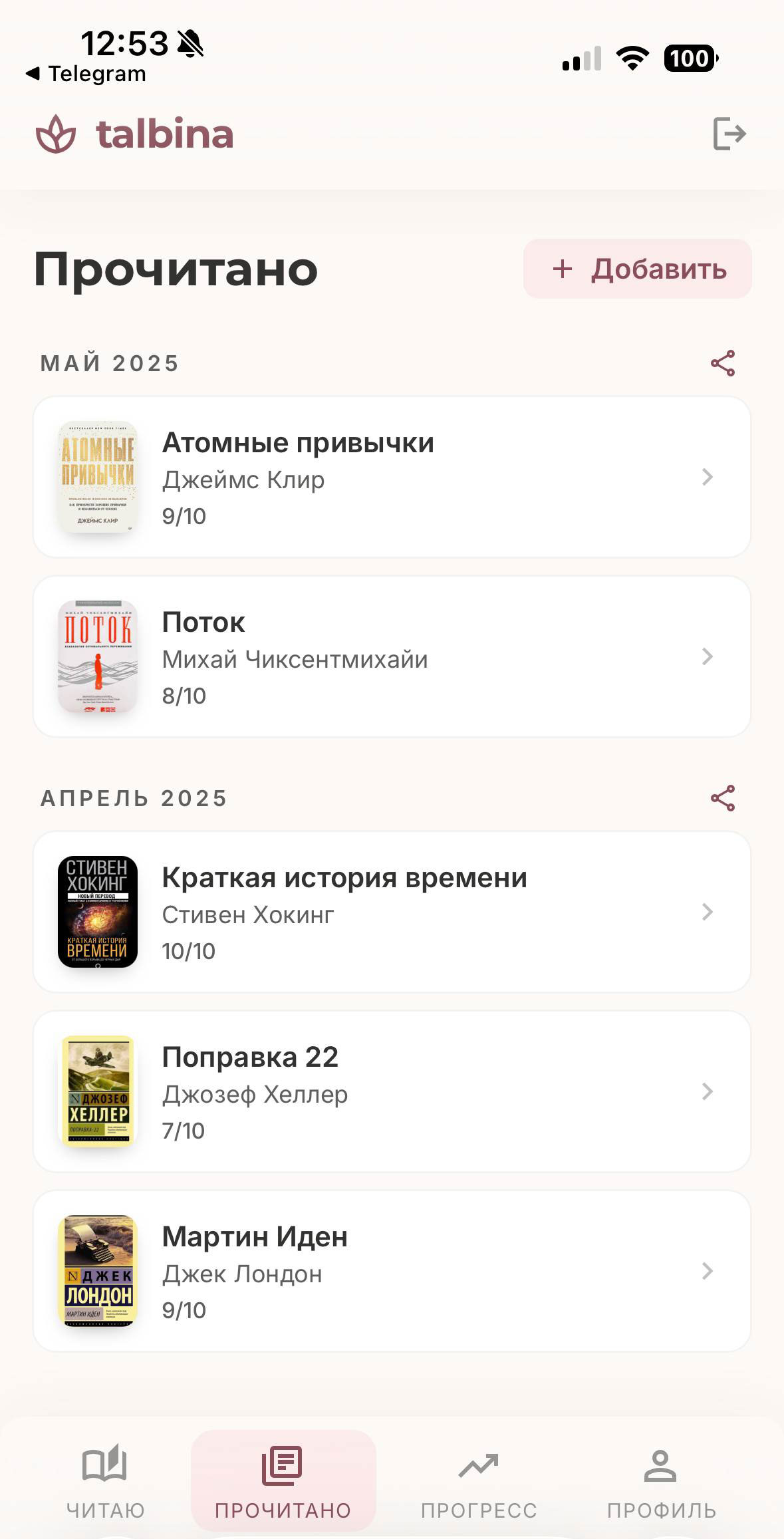 Прочитанное в Talbina: книги сгруппированы по месяцам, как фотоальбом