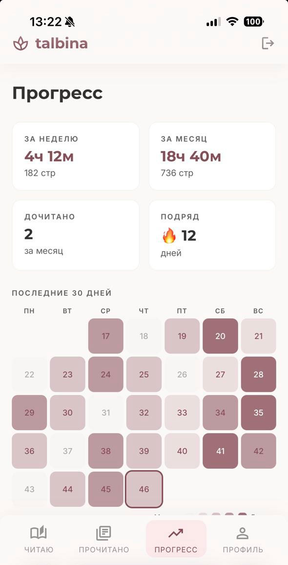 Прогресс в Talbina: тепловая карта за 30 дней, итоги недели и месяца