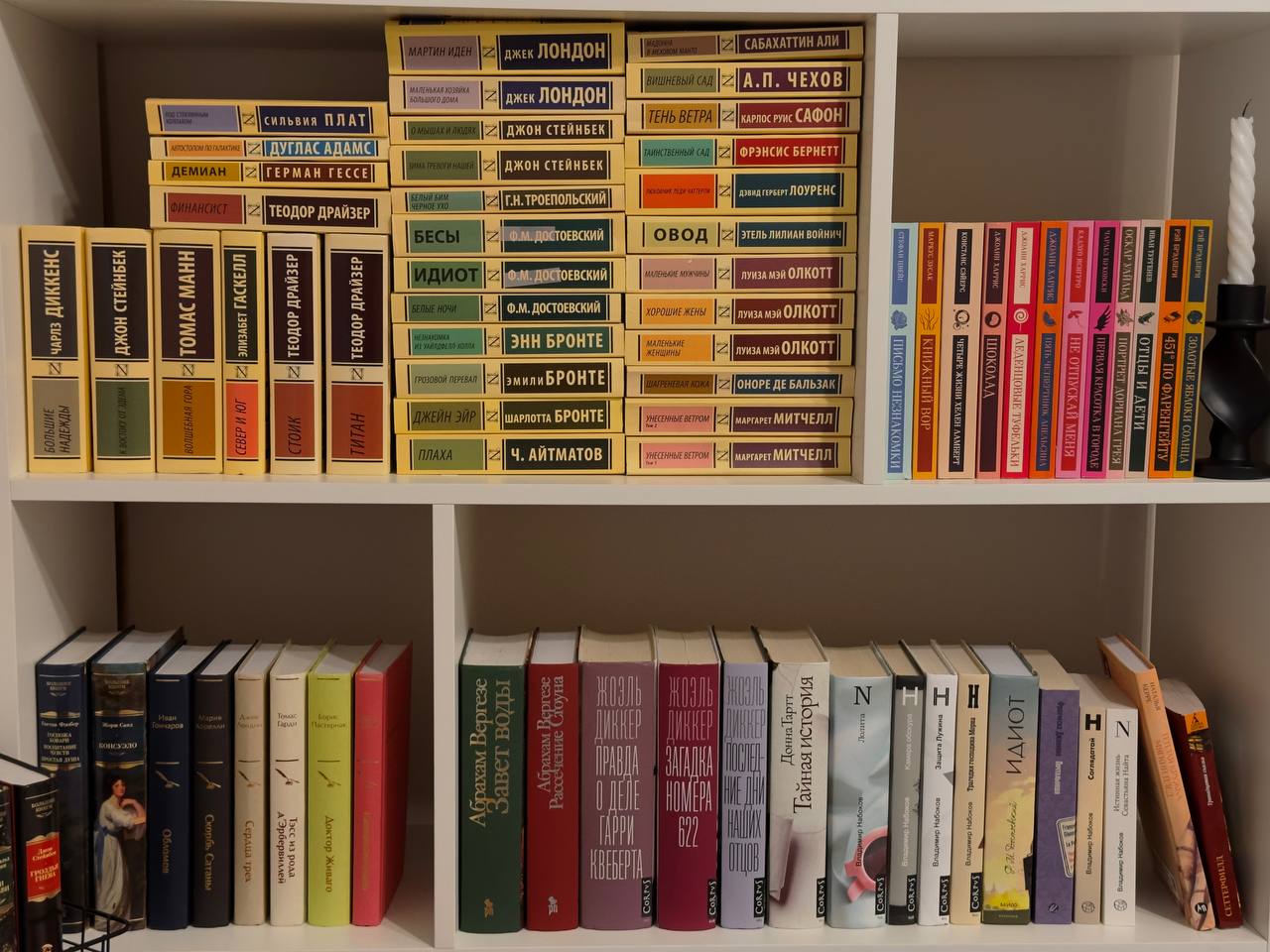Книжные полки семьи: классика и современная проза по цветам обложек