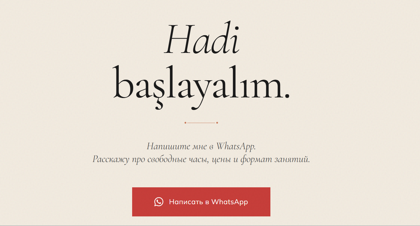 Финальный экран сайта: заголовок «Hadi başlayalım», текст-приглашение и кнопка «Написать в WhatsApp»